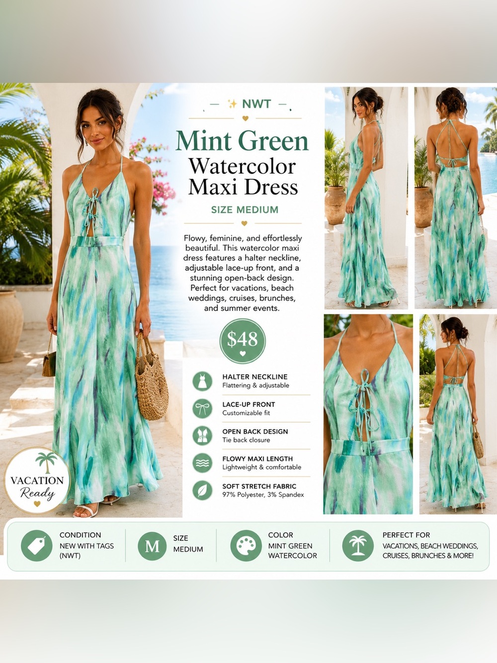 Mint Green Watercolor Halter Maxi Dress — Lace-Up Back